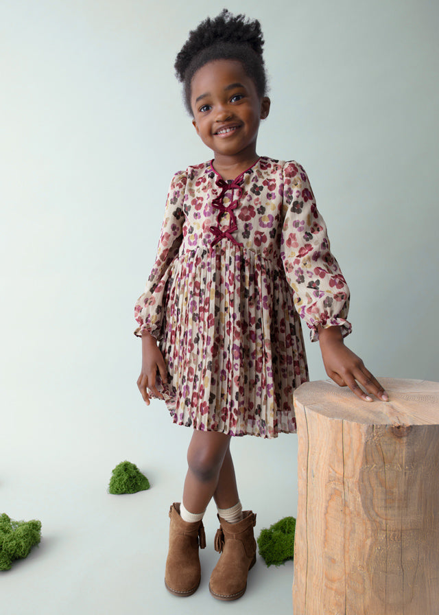 Vestido plissado estampado - mayoral - Mini Menina - AW25-4917