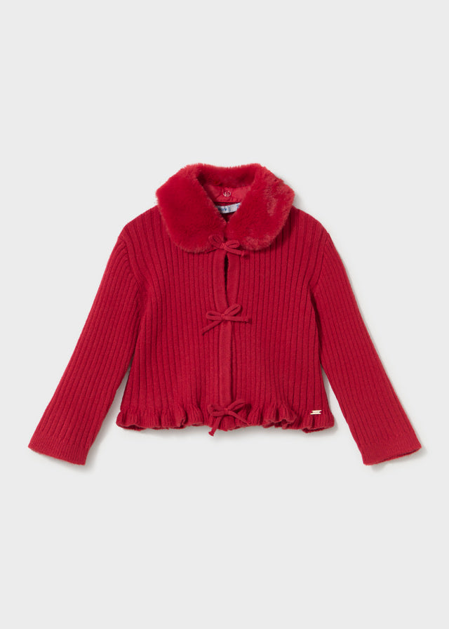 Casaco tricô gola pelo - Vermelho