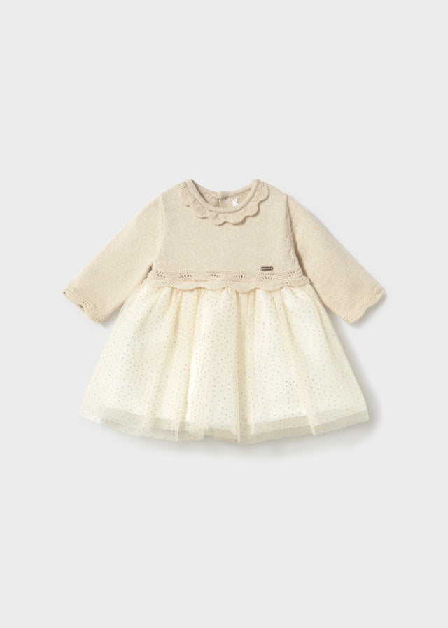 Vestido tricô e tule - Champanhe