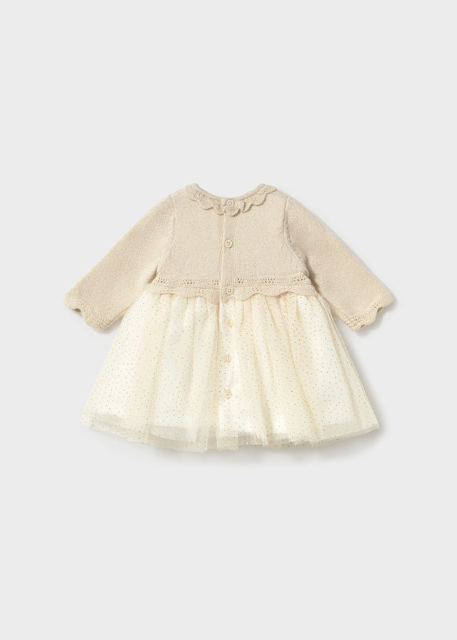 Vestido tricô e tule - Champanhe