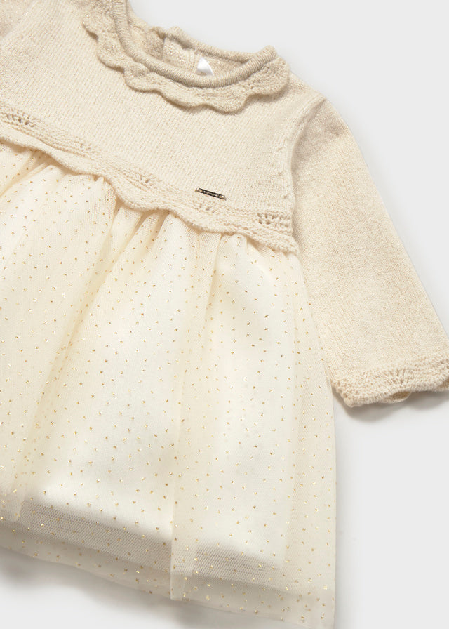 Vestido tricô e tule - Champanhe